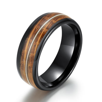 Whiskey Barrel Wood Guitar String Black Tungsten Men's Wedding Band 8MM